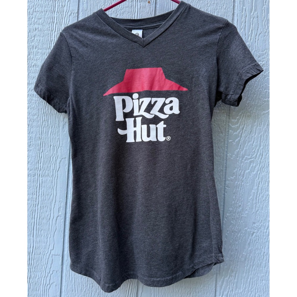 Pizza Hut Hut Rewards Graphic T-Shirt Womens Medium Gray V-Neck Short Sleeve Tee